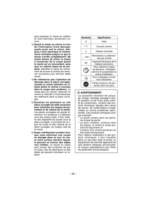 Page 28- 28 - 
peut propulser la meule en rotation 
et loutil électrique directement sur 
vous.
3) Quand la meule se coince ou lors 
de linterruption dune découpe, 
quelle quen soit la raison, étei-
gnez loutil électrique et mainte-
nez-le immobile jusquà ce que la 
meule sarrête complètement. Ne 
tentez jamais de retirer la meule 
à tronçonner de la coupe quand 
la meule est en mouvement, sans 
quoi un rebond risque de se pro-
duire. Identifiez la cause du coince-
ment de la lame et prenez les mesu-
res...