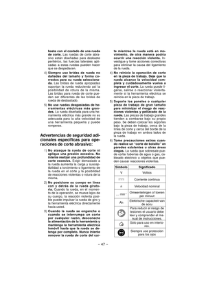Page 47- 47 -  
baste con el costado de una rueda 
de corte. Las ruedas de corte abra-
sivo están diseñadas para desbaste 
periférico, las fuerzas laterales apli-
cadas a estas ruedas pueden hacer 
que se despedacen.
4) Siempre use bridas de rueda no 
dañadas del tamaño y forma co-
rrectos para su rueda selecciona-
da. Las bridas de rueda apropiadas 
soportan la rueda reduciendo así la 
posibilidad de rotura de la misma. 
Las bridas para rueda de corte pue-
den ser diferentes de las bridas de 
rueda de...