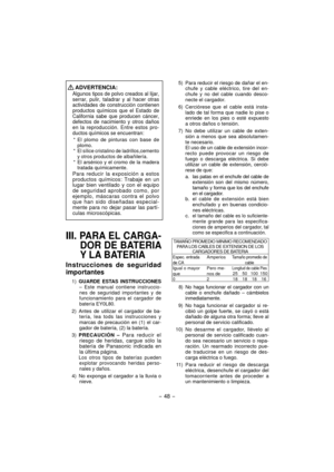 Page 48- 48 - 
 ADVERTENCIA:
Algunos tipos de polvo creados al lijar, 
serrar, pulir, taladrar y al hacer otras 
actividades de construcción contienen 
productos químicos que el Estado de 
Cali fornia sabe que producen cáncer, 
defectos de nacimiento y otros daños 
en la reproducción. Entre estos pro-
ductos quí micos se encuentran:
* El plomo de pinturas con base de 
plomo.
* 
El sílice cristalino de ladrillos,cemento 
y otros productos de albañilería.
*  El arsénico y el cromo de la madera 
tratada...