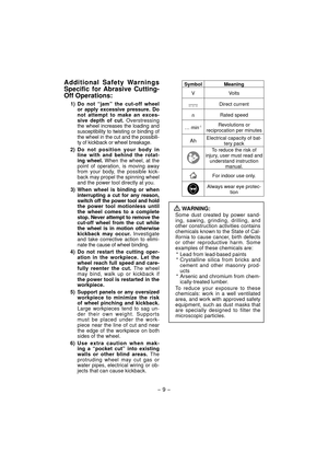 Page 9- 9 -  
Additional Safety Warnings 
Specific for Abrasive Cutting-
Off Operations:
  1) Do not “jam” the cut-off wheel 
or apply excessive pressure. Do 
not attempt to make an exces-
sive depth of cut. Overstressing 
the wheel increases the loading and 
susceptibility to twisting or binding of 
the wheel in the cut and the possibili-
ty of kickback or wheel breakage.
 2) 
Do not position your body in 
line with and behind the rotat-
ing wheel. When the wheel, at the 
point of operation, is moving away...
