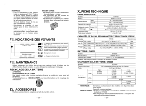 Page 11Utilisez uniquement un chiffon doux et sec pour nettoyer l’unité. N’utilisez pas de 
chiffon humide, diluant, benzène ou autres détergents volatiles pour nettoyage.
RECYCLAGE DE LA BATTERIE
ATTENTION:
Pour les batteries Ni-Cd, EY9005
Une batterie nickel métal hydride recyclable alimente le produit dont vous avez fait 
l’acquisition. 
Veuillez téléphoner au 1-800-8-BATTERY pour des informations sur le recyclage de 
cette batterie.
VII
.INDICATIONS DES VOYANTS
VIII
.
MAINTENANCE
N’utilisez que des mèches...