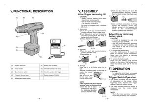 Page 4IV
.FUNCTIONAL DESCRIPTION
V.
ASSEMBLY
CAUTION:
•
Always remove battery pack when 
attaching or removing a bit.
•
Drill bit blade has sharp edge.
Pay attention to handle it.
This tool is equipped with a keyless 
drill chuck. 
CAUTION:
•
EY6105 is designed to use only 
battery pack type EY9005.
•
Use with other battery pack type may 
damage the tool and the battery, and 
may result in the risk of fire and 
personal injury.
CAUTION:
•
To reduce the risk of injury, wear safety 
goggles or glasses with side...
