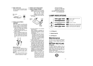 Page 5
– 8 –
EMain switch lock
After use, set the main switch lock at
the lock position to prevent acciden-
tal operation.
FBattery pack (EY9021)
CAUTION
When you charge the battery pack
for the first time, or after prolonged
storage, charge it for about 24 hours
to bring the battery up to full capacity.
1. Press the battery pack release
buttons  Gon both sides and pull
the pack away from the tool.
2. Charge the battery pack using the battery charger.
3. After the charging has been com- pleted, remove the...