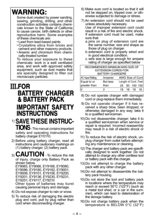 Page 4- 4 - 
WARNING:WARNING:
  Some dust created by power sanding, 
sawing, grinding, drilling, and other 
construction activities contains chemi-
cals known to the State of California 
to cause cancer, birth defects or other 
reproductive harm. Some examples 
of these chemicals are:
 Lead from lead-based paints Crystalline silica from bricks and 
cement and other masonry products
 Arsenic and chromium from chemi-
cally-treated lumber.
  To reduce your exposure to these 
chemicals: work in a well ventilated...
