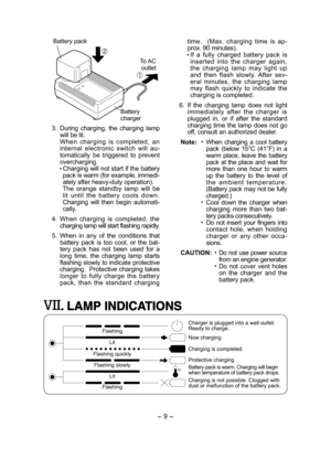 Page 9- 9 -  
Battery pack
To AC outlet
Battery charger
 3. During  charging,  the  charging  lamp will be lit.   When  charging  is  completed,  an internal  electronic  switch  will  au-tomatically  be  triggered  to  prevent overcharging. Charging will not start if the battery pack is warm (for example, immedi-ately after heavy-duty operation). The  orange  standby  lamp  will  be lit  until  the  battery  cools  down.  Charging  will  then  begin  automati-cally.
 4. When  charging  is  completed,  the...