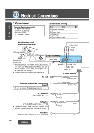 Page 35No.
6 4
Electrical Connections
E
N
G
L
I
S
H
31
CX-D3000U40
Item
40
BATTERY 5A
PARKING BRAKEVIDEO-CONT
ACC
CX-D3000U (rear)
DIGITAL OUT
Not used.L (White)
R (Red) Video (Yellow)
(Yellow)
Not used.
ACC power lead
To ACC power, +12 V DC.
Battery lead
To the car battery, continuous +12 V DC.
Ground lead
To a clean, bare metallic part of the car chassis.
(Black)(Red) (Green/yellow stripe)
(Blue/yellow stripe)
Side brake (parking brake) connection lead 
(page 44)
Connect the battery power cord to a connector...