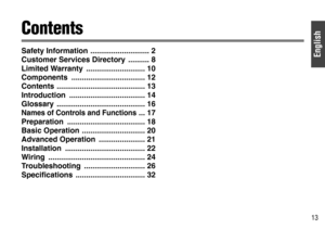 Page 13English
13
Contents
Safety Information ............................ 2
Customer Services Directory  .......... 8
Limited Warranty  ............................ 10
Components ................................... 12
Contents .......................................... 13
Introduction .................................... 14
Glossary .......................................... 16
Names of Controls and Functions... 17
Preparation ..................................... 18
Basic Operation...