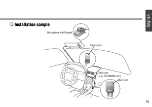 Page 15English
15
CY-BT100UCY-BT100U
Microphone with Bracket
Switch Unit
Main Unit
Head unit
(e.g. CQ-C8403U, etc.)
❑ 
Installation sample 