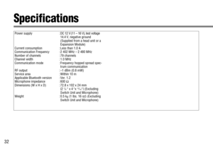 Page 3232
Specifications
Power supply : DC 12 V(11 – 16 V), test voltage
14.4 V, negative ground
(Supplied from a head unit or a
Expansion Module)
Current consumption : Less than 1.0 A
Communication Frequency : 2 402 MHz – 2 480 MHz
Number of channels : 79 channels
Channel width : 1.0 MHz
Communication mode : Frequency hopped spread spec-
trum communication
RF output : –1 dBm (0.8 mW)
Service area : Within 10 m
Applicable Bluetooth version : Ver. 1.2 
Microphone impedance : 600 Ω
Dimensions (W x H x D) : 72.8 x...