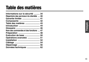 Page 43Français
43
Table des matières
Informations sur la sécurité  .......... 34
Répertoire des services à la clientèle ... 40
Garantie limitée  .............................. 41
Composants ................................... 42
Table des matières  ......................... 43
Introduction .................................... 44
Glossaire ......................................... 46
Nom des commandes et des fonctions ... 47
Préparation ..................................... 48
Exécution de base...