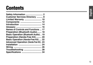 Page 13English
13
Contents
Safety Information ............................ 2
Customer Services Directory  .......... 8
Limited Warranty  ............................ 10
Components ................................... 12
Introduction .................................... 14
Glossary .......................................... 16
Names of Controls and Functions... 17
Preparation (Bluetooth Audio) ....... 18
Basic Operation 
(Bluetooth Audio).. 19
Preparation (Hands-Free Kit) ......... 20
Basic Operation 
(Hands-Free...