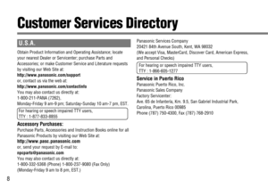 Page 88
U.S.A.
Obtain Product Information and Operating Assistance; locate
your nearest Dealer or Servicenter; purchase Parts and
Accessories; or make Customer Service and Literature requests
by visiting our Web Site at:
http://www.panasonic.com/support
or, contact us via the web at:
http://www.panasonic.com/contactinfo
You may also contact us directly at:
1-800-211-PANA (7262),
Monday-Friday 9 am-9 pm; Saturday-Sunday 10 am-7 pm, EST.
For hearing or speech impaired TTY users, 
TTY : 1-877-833-8855
Accessory...