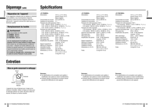 Page 3568Français
CY-PA4003U/PA2003U/PAD1003U
69
Français
CY-PA4003U/PA2003U/PAD1003U
EntretienMise en garde concernant le nettoyageL’appareil est conçu et fabriqué pour n’exiger qu’un 
minimum d’entretien. Utiliser un linge sec et doux pour 
le nettoyage extérieur de routine. Ne jamais utiliser de 
benzine, de diluant ou d’autres solvants.Pesticide Alcool
Diluant
BenzineCire
Spéci cations
Alimentation :  12 V c.c. (11 V–16 V), 
tension d’essai 14,4 V,
 Masse négativeConsommation de courant
 :  32 A (à 64 W4)...