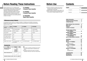 Page 58English
CY-PA4003U/PA2003U/PAD1003U
9
CY-PA4003U/PA2003U/PAD1003U
ContentsEnglish 2
Français 36
Español 70Safety Information .....................  2
Customer Services Directory .........  6
Limited Warranty ......................  7Before Reading These Instructions
 ...  8
Before Use ..............................  9
Features ................................ 10
Location of Controls .................. 12
Speaker System Setting 
  .................... 16
Speaker System Setting 
  .................... 19...