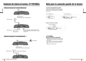 Page 4486Español
CY-PA4003U/PA2003U/PAD1003U
87
Español
CY-PA4003U/PA2003U/PAD1003U
 En caso de una conexión estéreo de 2 canales:
En caso de bocinas múltiples para montarse en una 
conexión puente, con rme que la suma de la impedancia 
sea 48  con el  n de evitar ignición, que desprenda 
humo o daño.
No haga una conexión de esa manera. Suma de impedancia: 4 
Bocina: 2 
Bocina: 2 Bocina: 8 
Bocina: 8  Suma de impedancia: 4 
Suma de impedancia: 2 
Bocina: 4 
Bocina: 4 
Instalación del sistema de...