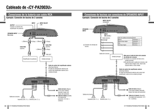 Page 4894Español
CY-PA4003U/PA2003U/PAD1003U
95
Español
CY-PA4003U/PA2003U/PAD1003U
Cableado de 
Conexiones de la batería con cable RCA 
Ejemplo: Conexión de bocina de 2 canales
Unidad principal Ampli cador de potenciaPRE-OUT
Izquierda (min. 2 ) Derecha (min. 2 )
Cable de la batería (Amarillo)A la batería del 
automóvil, 12 V CC 
continuo. Cable de control del ampli cador externo 
(Azul/raya blanca)
Al cable de alimentación eléctrica del 
control del ampli cador externo de la 
unidad principal. 
Cable de...