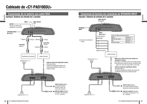 Page 4996Español
CY-PA4003U/PA2003U/PAD1003U
97
Español
CY-PA4003U/PA2003U/PAD1003U
Cableado de 
Conexiones de la batería con cable RCA
Ejemplo: Sistema de entrada de 2 canales
Unidad principal Ampli cador de potenciaPRE-OUT
Izquierda (min. 2 ) Derecha (min. 2 )
Cable de la batería (Amarillo)A la batería del automóvil, 
12 V CC continuo. Cable de control del ampli cador externo 
(Azul/raya blanca)
Al cable de alimentación eléctrica del 
control del ampli cador externo de la 
unidad principal. 
Cable de...