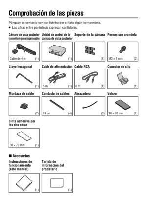 Page 11 Póngase en contacto con su distribuidor si falta algún componente.
O   Las cifras entre paréntesis expresan cantidades.
 Unidad de control de la 
cámara de vista posterior
(1)
 Cable de alimentación
(2)
 Cable  RCA
(1)
Q  Accesorios
 Instrucciones  de 
funcionamiento
(este manual)
(1)
 Tarjeta  de 
información del 
propietario
(1)
 Soporte de la cámara
(1)
 Conducto de cables
 Cámara de vista posterior(con sello de goma impermeable)
 Cable de 4 m
 Pernos con arandela
(1)
 Llave  hexagonal
 M3 × 6 mm...