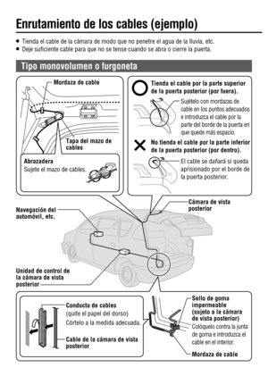 Page 12O   Tienda el cable de la cámara de modo que no penetre el agua de la lluvia, etc.O   Deje suﬁ ciente cable para que no se tense cuando se abra o cierre la puerta.
 Cámara de vista 
posterior
 Unidad de control de 
la cámara de vista 
posterior Mordaza de cable
 Tapa del mazo de 
cables Tienda el cable por la parte superior 
de la puerta posterior (por fuera).
 No tienda el cable por la parte inferior 
de la puerta posterior (por dentro).
 Sujételo con mordazas de 
cable en los puntos adecuados 
e...