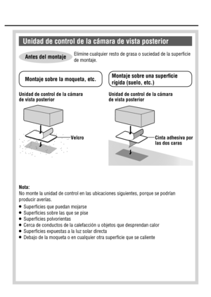 Page 15 Elimine cualquier resto de grasa o suciedad de la superﬁ cie 
de montaje.
 Nota:
No monte la unidad de control en las ubicaciones siguientes, porque se podrían 
producir averías.
OSuperﬁ cies que puedan mojarseOSuperﬁ cies sobre las que se piseOSuperﬁ cies polvorientasOCerca de conductos de la calefacción u objetos que desprendan calorOSuperﬁ cies expuestas a la luz solar directaODebajo de la moqueta o en cualquier otra superﬁ cie que se caliente
Antes del montaje
 Unidad de control de la cámara 
de...