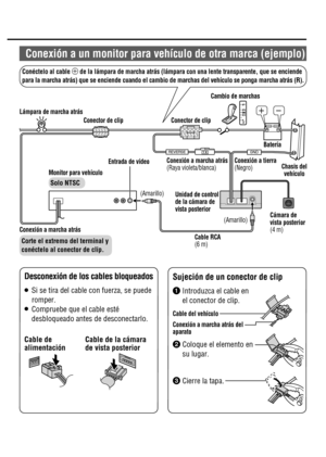 Page 18P
RND
2 L
1 A3&7&34&(/%

´µ
 Monitor para vehículoEntrada de vídeo
 Desconexión de los cables bloqueados
 Cable  de 
alimentación Cable de la cámara 
de vista posterior
 Sujeción de un conector de clip

  Introduzca el cable en 
el conector de clip.
 Cable del vehículo
 Conexión a marcha atrás del 
aparato
  Coloque el elemento en 
su lugar.

  Cierre la tapa.
 Conexión a marcha atrás
 (Raya  violeta/blanca) Conexión  a  tierra
 (Negro)Chasis del 
vehículo
 Cámara  de 
vista posterior 
 (4  m)...