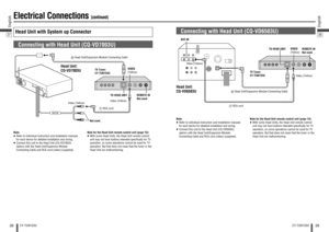 Page 1528English
CY-TUN153U
29
English
CY-TUN153U
2728
Electrical Connections 
(continued)
Connecting with Head Unit (CQ-VD7003U)
Note:
 Refer to individual instruction and installation manuals 
for each device for detailed installation and wiring. 
 Connect this unit to the Head Unit (CQ-VD7003U, 
option) with the Head Unit/Expansion Module 
Connecting Cable and RCA cord (video) (supplied).
Connecting with Head Unit (CQ-VD6503U)
Note for the Head Unit remote control unit (page 13): 
 With some Head Units,...