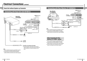 Page 1630English
CY-TUN153U
31
English
CY-TUN153U
Electrical Connections 
(continued)
Connecting with Head Unit (CQ-VD7001U)
Note:
 Refer to individual instruction and installation manuals 
for each device for detailed installation and wiring. 
 Connect this unit to the Head Unit (CQ-VD7001U, 
option) with RCA cord (video, audio, remote) (supplied). 
2930
Head Unit: 
CQ-VD7001U
VIDEO (Yellow)
TV Tuner: 
CY-TUN153U
 RCA cord
If the ACC is not mounted on the vehicle:
 Connect the power control lead of this...