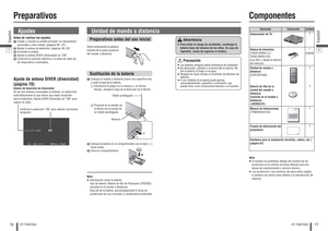 Page 3976Español
CY-TUN153U
77
Español
CY-TUN153U
7
PreparativosAntes de realizar los ajustes: Instale y conecte la unidad principal, los dispositivos 
opcionales y esta unidad. (páginas 8697)
 Monte la antena de televisión. (páginas 90, 92)
 Encienda la unidad.
 Ajuste la antena DIVER (diversidad) en “ON”.
 Con rme la conexión eléctrica y la señal de vídeo de 
los dispositivos conectados.
Unidad de mando a distanciaSustitución de la batería Coloque el mando a distancia sobre una super cie lisa 
y quite...