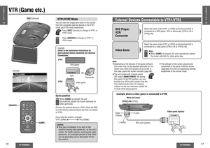 Page 29Game position
VTR (Game etc.)
DVD Player/
VCR/
Camcorder
E
N
G
L
I
S
H
13
E
N
G
L
I
S
H
14
VTR1/VTR2 ModeYou can view the images and listen to the sounds 
from the connected external devices in the VTR1 
mode and VTR2 mode respectively.Example
(Refer to the installation instructions for 
each external device connection on Electrical 
Connections.)
VTR1
VTR2VCR
Camcorder
External Devices Connectable to VTR1/VTR2Video Game
Select the same mode (VTR1 or VTR2) as the terminal that is 
connected to a DVD...