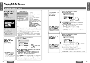 Page 3364
CY-VH9300U
CY-VH9300U
65
Playing SD Cards 
(continued)
E
N
G
L
I
S
H
21
SD Mode Operation (MUSIC)1 Select the music ﬁ le to be 
heard by pressing ["], 
[#], [%] and [$]. 
2 Press [ENTER] or 
[1] (PLAY) to play the 
selected music ﬁ le.[π] (STOP): 
Press this to return to the music 
ﬁ le  list  screen.
[;] (PAUSE): 
Press this to stop the playback 
temporarily.
[$]/[9] (FILE/SEARCH): 
Press this to jump to the start of 
the next ﬁ le (or hold it down to fast 
forward).
[%]/[:] (FILE/SEARCH): 
Press...