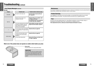 Page 4078
CY-VH9300U
CY-VH9300U
79
Troubleshooting 
(continued)
E
N
G
L
I
S
H
35
E
N
G
L
I
S
H
36
MaintenanceYour product is designed and manufactured to ensure a minimum of maintenance. Use a dry and soft cloth for 
routine exterior cleaning. Never use benzine, thinner or other solvents.Product ServicingIf the suggestions in the charts do not solve the problem, we recommend that you take it to your nearest 
authorized Panasonic Servicenter. The product should be serviced only by a quali ed technician.FuseUse...