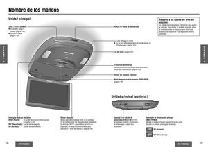 Page 64Nombre de los mandosUnidad principal
Luz del techo (página 153)
Botón de apertura de la pantalla [PUSH OPEN]
(página 130) Sensor del mando a distancia
Sensor atenuador
Ajusta automáticamente el brillo de la pantalla. 
(Si la con guración del atenuador está establecida 
en el modo “AUTO” (Automático), el brillo de 
la pantalla se ajusta automáticamente para 
adecuarse al brillo del entorno.) (página 148)Transmisor de infrarrojo
Se usa para transmitir sonido a los auriculares 
infrarrojos inalámbricos...