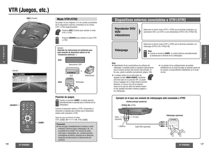 Page 69Posición de juegos
VTR (Juegos, etc.)
Reproductor DVD/
VCR/
videocámara
Modo VTR1/VTR2Se pueden ver las imágenes y oír los sonidos procedentes 
de los dispositivos externos conectados en los modos 
VTR1 y VTR2 respectivamente.Ejemplo
(Consulte las instrucciones de instalación para 
cada conexión de dispositivo externo en las 
“Conexiones eléctricas”.)
VTR1
VTR2VCRVideocámara
Dispositivos externos conectables a VTR1/VTR2Videojuego
Seleccione el mismo modo (VTR1 o VTR2) que el terminal conectado a un...