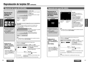 Page 74146
CY-VH9300U
CY-VH9300U
147
Reproducción de tarjetas SD 
(continuación)
Operación del modo SD (PICTURE)1 Seleccione las imágenes  jas 
que desee ver presionando 
["], [#], [%] y [$]. 
2 Presione [ENTER] o 
[1] (PLAY) para reproducir las 
imágenes  jas seleccionadas.Para reproducir una serie de imágenes  jas una por una (presentación de 
diapositivas):
(Mientras se muestra la pantalla de reproducción de imágenes  jas) [$]/[9] (FILE):
 
Presione aquí para mostrar la siguiente 
imagen  ja.
[%]/[:]...