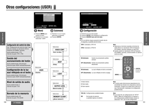 Page 76CY-VH9300U
150
CY-VH9300U
151
Otras conﬁ guraciones (USER)
Nota:
≥ Si no se efectúa ninguna operación durante más de 
10 segundos, la pantalla sale del menú. 
1
  Menú
Conﬁ guración del control de vídeoEsta “Con guración del control de vídeo” hace 
falta para conectar un reproductor DVD de 
Panasonic (CX-D3000U, opcional). 
Ajuste predeterminado: VTR1
Intervalo de ajuste: VTR1, VTR2
3
 Conﬁ guración
Sonido del 
accionamiento del botónAjuste predeterminado: ON (Activado)Intervalo de ajuste:  ON/OFF...