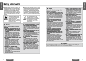 Page 22
CY-VHD9401U/L
E
N
G
L
I
S
H
CY-VHD9401U/L
3
E
N
G
L
I
S
H
Safety Information∫ Read the operating instructions for the unit and 
all other components of your car audio system 
carefully before using the system. They contain 
instructions about how to use the system in a 
safe and effective manner. Panasonic assumes 
no responsibility for any problems resulting from 
failure to observe the instructions given in this 
manual. Warning
This pictograph intends to alert 
you to the presence of important...