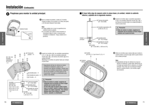 Page 3670
CY-VHD9401U/L
CY-VHD9401U/L
71
Instalación 
(Continuación)
Nota:
≥ Tenga cuidado de no rayar la super cie de la 
cubierta frontal al quitarla.
≥ Los tornillos que suelte en este momento se 
necesitarán luego al volver a colocarla para 
completar la instalación. Tenga cuidado de no 
perderlos.        Precaución: 
≥ Antes de instalar la unidad, asegúrese de 
comprobar que los tornillos no hacen ningún 
contacto con el panel del techo.
  Si hace falta algo de espacio entre la placa 
base y la unidad,...