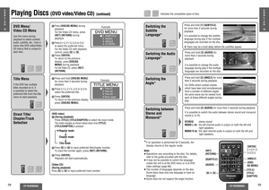 Page 1658
CY-VHD9500U
CY-VHD9500U
59
Playing Discs 
(DVD video/Video CD)
 (continued)
E
N
G
L
I
S
H
15
E
N
G
L
I
S
H
16
DVD Menu/
Video CD MenuUse this menu during 
playback to select content, 
audio, subtitle, etc., from a 
menu (the DVD video/Video 
CD menu) that is unique to 
each disc.Title MenuIf the DVD has multiple 
titles recorded on it, it 
is possible to select the 
preferred title from the title 
menu to start playback.Direct Title/
Chapter/Track 
Selection
Switching the 
Subtitle 
Language*Note:
≥...