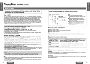 Page 1862
CY-VHD9500U
CY-VHD9500U
63
Playing Discs 
(CD/MP3) 
(continued)
Notes on MP3
E
N
G
L
I
S
H
19
E
N
G
L
I
S
H
20
Copyright:
It is prohibited by copyright laws to copy, distribute and deliver copyrighted materials such as music without 
the approval of copyright holder except for personal use.
No warranty:
Above description complies with our investigations as of February 2004. It has no warranty for reproducibility 
and displayability of MP3.
1
1
456
23
6
[ 1
[
1
[ 2
[
3[
4
[
4
Root folder (root...