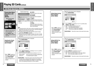 Page 2372
CY-VHD9500U
CY-VHD9500U
73
ABC/XYZ ABC/XYZ
Playing SD Cards
 (continued)
E
N
G
L
I
S
H
29
SD Mode Operation (MUSIC)1  Select the music ﬁ le to be 
heard by pressing ["], 
[#], [%] and [$]. 
2 Press [ENTER] or [1] 
(PLAY) to play the selected 
music ﬁ le.[π] (STOP): 
Press this to return to the music 
ﬁ le  list  screen.
[;] (PAUSE): 
Press this to stop the playback 
temporarily.
[$]/[9]:
 
Press this to jump to the start of 
the next ﬁ le (or hold it down to fast 
forward).
[%]/[:]:
 
Press this...