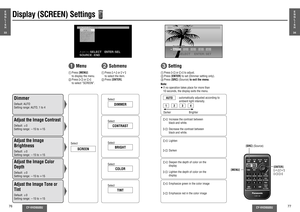 Page 2576
CY-VHD9500U
CY-VHD9500U
77
Display (SCREEN) Settings
Note:
≥ If no operation takes place for more than 
10 seconds, the display exits the menu. 
1
  Menu
DimmerDefault: AUTO
Setting range:  AUTO, 1 to 4
3
 Setting
E
N
G
L
I
S
H
33
E
N
G
L
I
S
H
34
Adjust the Image 
Contrast
Default: d0 
Setting range:  j15 to i15Adjust the Image BrightnessDefault: d0 
Setting range:  j15 to i15Adjust the Image Color 
DepthDefault: d0 
Setting range:  j15 to i15Adjust the Image Tone or 
TintDefault: d0 
Setting range:...