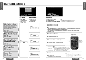 Page 2678
CY-VHD9500U
CY-VHD9500U
79
Other (USER) Settings
Note:
≥ If no operation takes place for more than 
10 seconds, the display exits the menu. 
1
  Menu
Video Control SettingThis “Video Control Setting” is required 
when you connect a Panasonic car 
navigation system with a built-in DVD 
player (available in future).
Default: VTR1
Setting range: VTR1, VTR2
3
 Setting
E
N
G
L
I
S
H
35
E
N
G
L
I
S
H
36
Button Operation SoundDefault: ON 
Setting range:  ON/OFFBlue Ceiling Reﬂ ected 
Illumination...