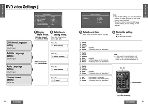 Page 2780
CY-VHD9500U
CY-VHD9500U
81
E
N
G
L
I
S
H
38
E
N
G
L
I
S
H
37
DVD video Settings
Note:
≥ After the DVD settings have been changed and  
entered, the player returns to the start of the 
disc and begins playback.
≥ When the disc has predetermined language 
or other settings, the user settings are not 
re ected.
1
  Display 
Main Menu.
DVD Menu Language 
settingDefault: English
3
 Select each item.
Subtitle Language 
SettingDefault: EnglishAudio Language 
Setting Default: EnglishDisplay Aspect...