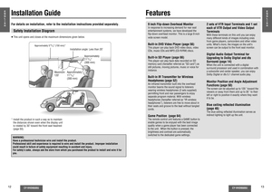 Page 712
CY-VHD9500U
E
N
G
L
I
S
H
CY-VHD9500U
13
E
N
G
L
I
S
H
Safety Installation DiagramWARNING:
Have a professional technician wire and install the product.
Professional skill and experience is required to wire and install the product. Improper installation 
could result in failure of safety equipment resulting in accident and injury.
For safety’s sake, always ask the store from which you purchased the product to install and wire it for 
you.For details on installation, refer to the installation...