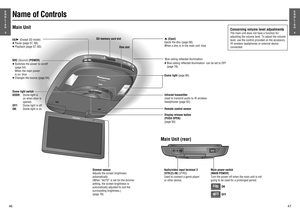 Page 10Name of Controls 
E
N
G
L
I
S
H
4
E
N
G
L
I
S
H
3
Main Unit
Dome light (page 85)
Display release button 
(PUSH OPEN) 
(page 50) Remote control sensor
Dimmer sensor
Adjusts the screen brightness 
automatically. 
(When “AUTO” is set for the dimmer 
setting, the screen brightness is 
automatically adjusted to suit the 
surrounding brightness.) 
(page 76)Infrared transmitter 
Used to transmit audio to IR wireless 
headphones (page 52). Dome light switch
DOOR:   Dome light is 
on when door is 
opened.
OFF:...