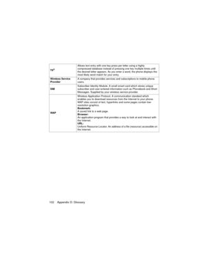 Page 106102    Appendix D: Glossary
T9®
Allows text entry with one key press per letter using a highly 
compressed database instead of pressing one key multiple times until 
the desired letter appears. As you enter a word, the phone displays the 
most likely word match for your entry.
Wireless Service 
ProviderA company that provides services and subscriptions to mobile phone 
users.
SIMSubscriber Identity Module. A small smart-card which stores unique 
subscriber and user-entered information such as Phonebook...