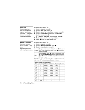 Page 7470   Files & Setup Menu
Ring TypeIn Files & Setup Menu  ...
Set a unique ring to 
alert you of different 
types of calls (voice, 
fax, data...). Use preset 
tones or personally-
composed melodies.1.Scroll to Sounds, press  .
2.Scroll to Ring Type, press  .
3.Scroll to type of call that will play ring tone, press  .
4.Scroll to Fixed Data (preset tones) or Data Files 
(custom tones), press  .
If selecting Data Files, scroll to folder, press  .
5.Scroll up and down to hear ring selections.
6.Press   when...
