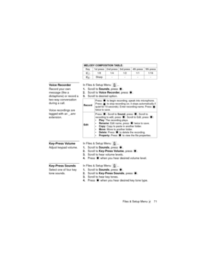 Page 75Files & Setup Menu  71
Voice RecorderIn Files & Setup Menu  ...
Record your own 
message (like a 
dictaphone) or record a 
two-way conversation 
during a call.
Voice recordings are 
tagged with an _.amr 
extension.1.Scroll to Sounds, press  .
2.Scroll to Voice Recorder, press  .
3.Scroll to desired option. 
Key-Press VolumeIn Files & Setup Menu  ...
Adjust keypad volume.1.Scroll to Sounds, press  .
2.Scroll to Key-Press Volume, press  .
3.Scroll to hear volume levels.
4.Press   when you hear desired...
