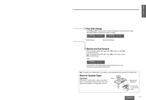 Page 1313CQ-RG153U
7 E
N
G
L
I
S
H
To stop rewind or fast forward, gently press the button that is not in use.
The tape will resume playing from that position.
Top Side PlayingBottom Side Playing
Play Side Change
Press [a]and [f]at the same time to switch to the program on the other side of the tape.
The display changes to indicate which program is playing.
w
Rewind and Fast Forward
When the program indicator i lights, press [a]to rewind or press [f]to fast forward the tape.
When the program indicator olights,...