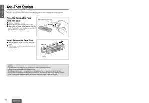 Page 2425CQ-RG153U
19E
N
G
L
I
S
H
Electrical Connections
Preparation:• This unit can be connected to an optional CD changer (CX-DP88U). For details consult your nearest Panasonic
Servicenter.
• For connection to a CD changer, refer to the operating instructions of the CD Changer (CX-DP88U).
Cautions:• This product is designed to operate with a 12 V DC, negative ground battery system.
• To prevent damage to the unit, be sure to follow the connection diagram below.
• Strip about 5mm of the lead ends for...